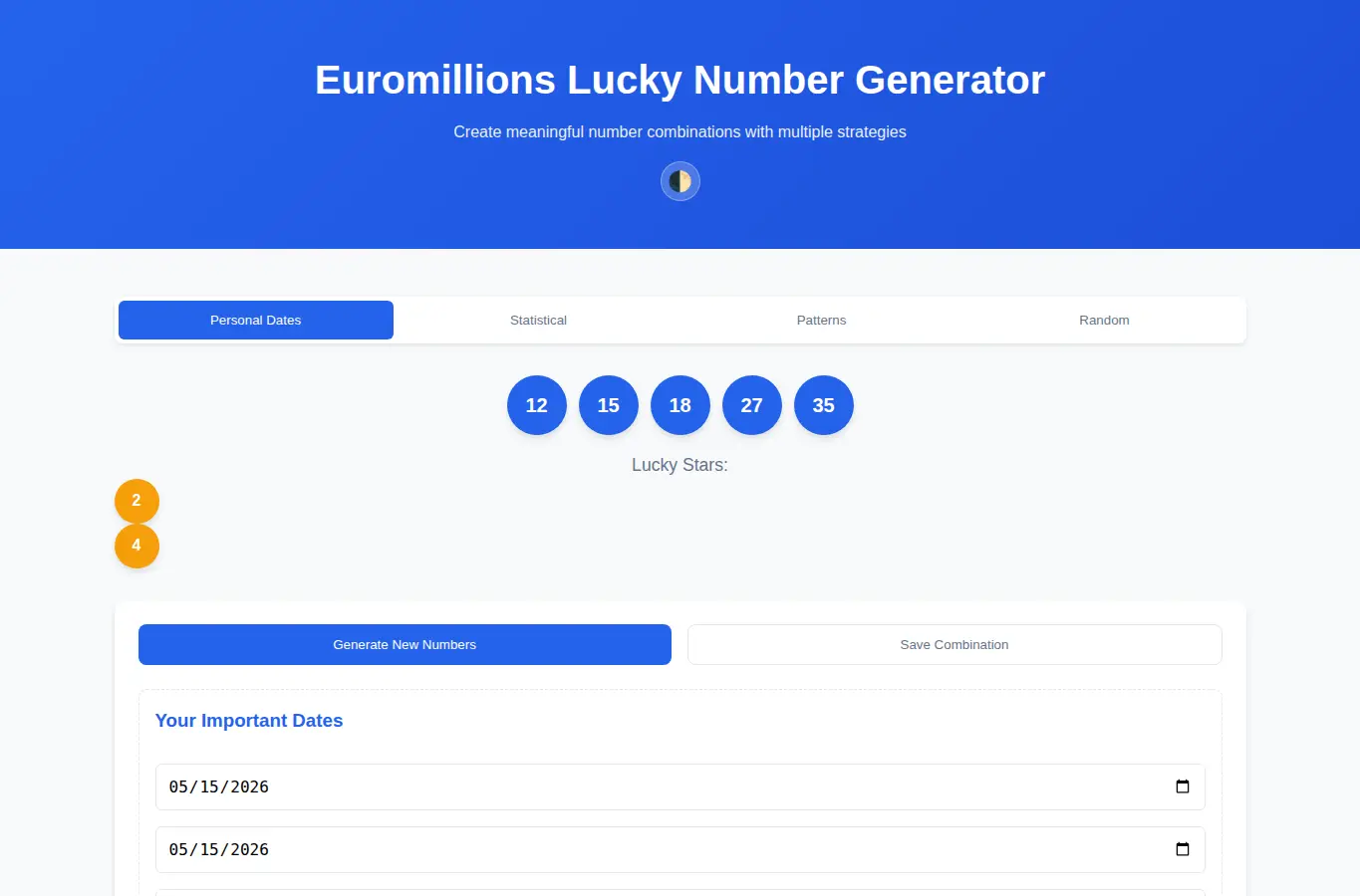Screenshot of Euromillions Lucky Number Generator interface showing the project page in use